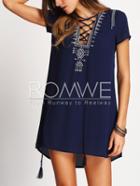 Romwe Royal Blue Lace Up Print Front Shift Dress