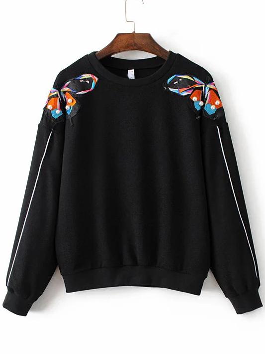 Romwe Black Butterfly Embroidery Drop Shoulder Sweatshirt