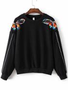 Romwe Black Butterfly Embroidery Drop Shoulder Sweatshirt