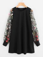 Romwe Botanical Embroidered Mesh Sleeve Longline Pullover