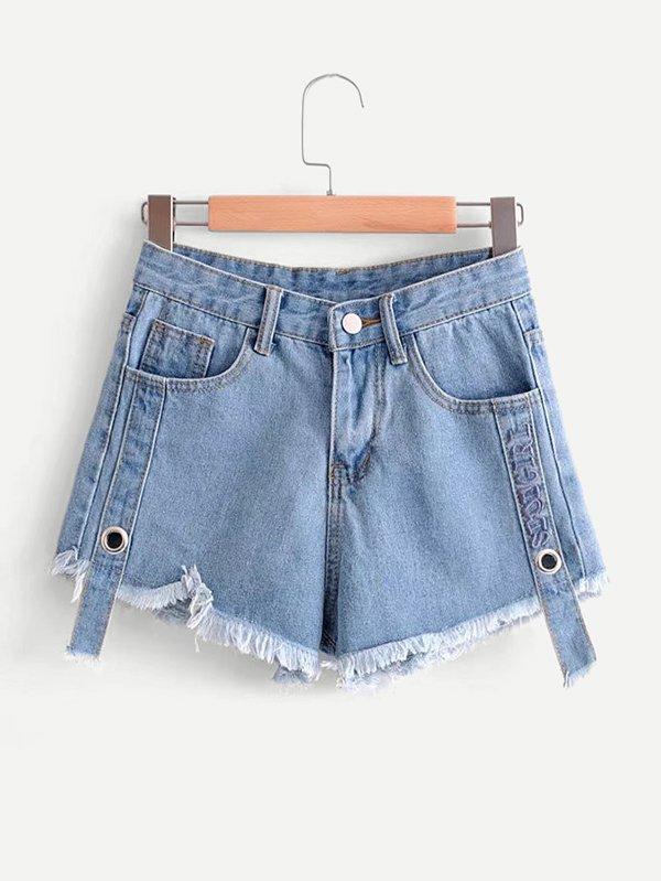 Romwe Metal Grommet Fringe Hem Denim Shorts