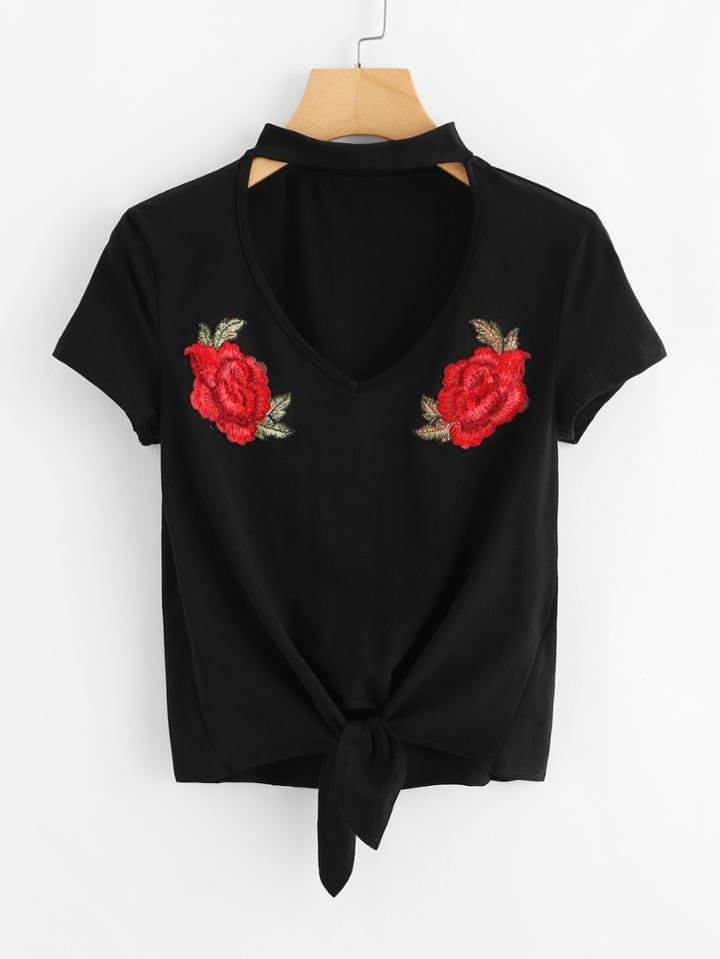 Romwe Cut Out Neck Rose Embroidered Applique Tee