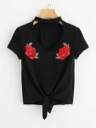 Romwe Cut Out Neck Rose Embroidered Applique Tee