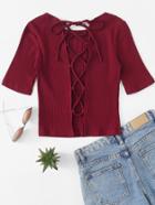 Romwe Lace Up Back Ribbed Tee