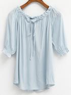 Romwe Blue Off The Shoulder Elbow Sleeve Tie Front Blouse