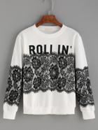 Romwe White Letters Print Lace Splicing Sweatshirt