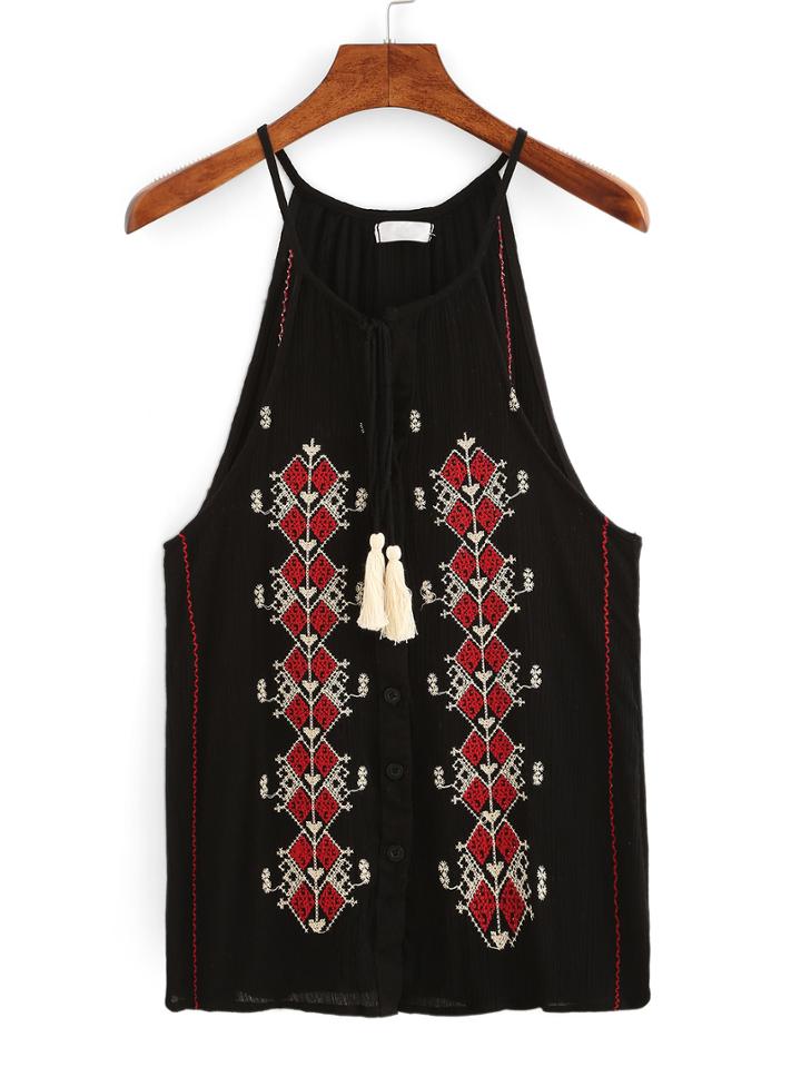 Romwe Tassel-tie Halter Neck Embroidery Top - Black