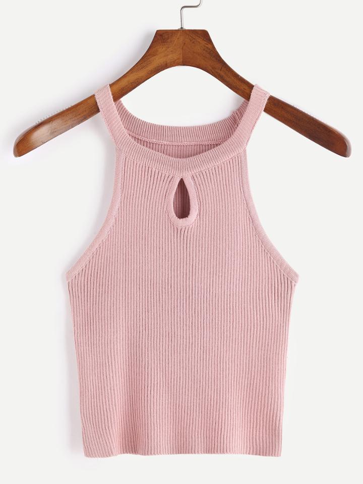 Romwe Pink Keyhole Front Ribbed Cami Top