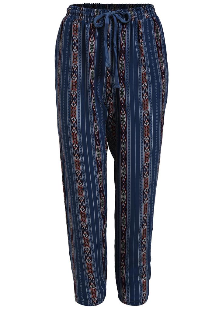 Romwe Drawstring Tribal Print Chiffon Pant