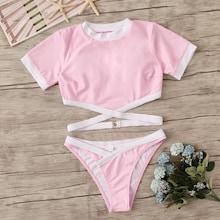 Romwe Piping Trim Short Sleeves Two Piece Swimwear