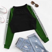 Romwe Striped Side Raglan Sleeve Crop Sweatshirt