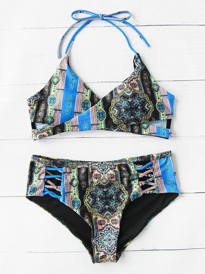 Romwe Tribal Print Criss Cross Surplice Bikini Set