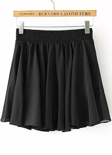 Romwe Black Elastic Waist Pleated Chiffon Skirt