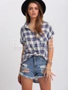 Romwe Blue Check Short Sleeve Pockets Blouse