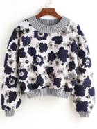 Romwe Blue Floral Print Retro Cropped Sweatshirt
