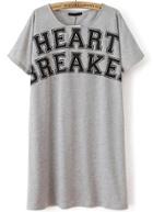 Romwe Grey Letter Print Cotton Dress