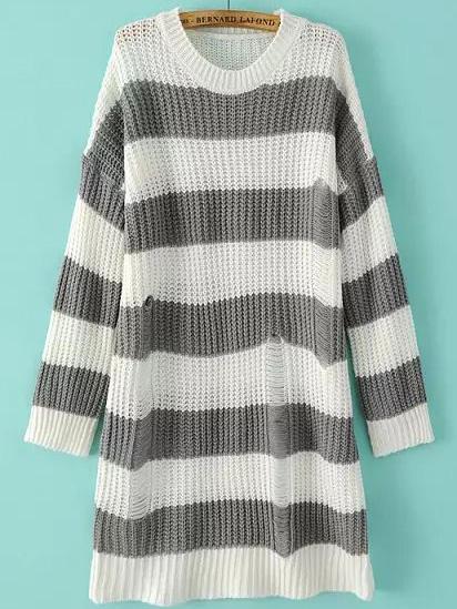 Romwe Open-knit Striped Grey Sweater