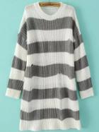 Romwe Open-knit Striped Grey Sweater