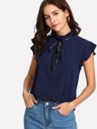 Romwe Bow Tied Frilled Neck Button Back Blouse