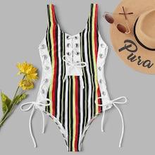 Romwe Striped Colorblock Lace-up One Piece Swimwear