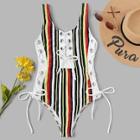 Romwe Striped Colorblock Lace-up One Piece Swimwear