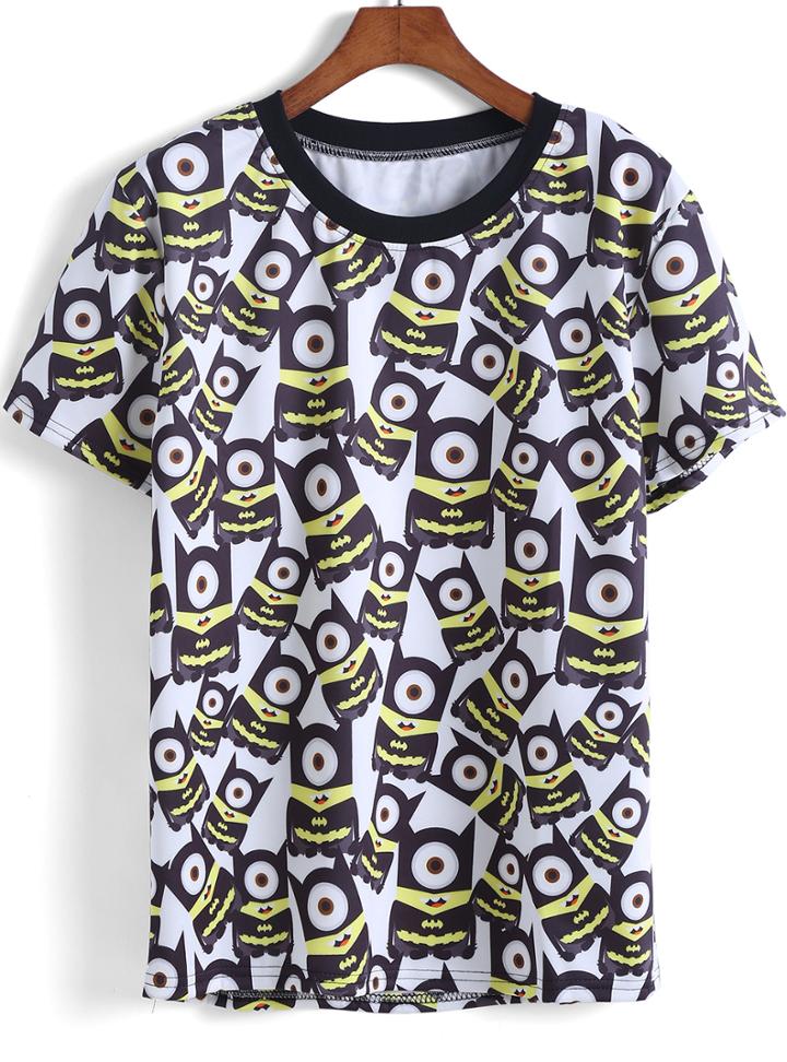Romwe White Short Sleeve Minions Batman Print T-shirt