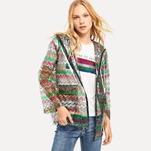 Romwe Zip Up Hoodie Colorful Chevron Print Rain Coat