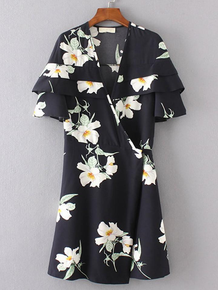 Romwe Surplice Front Layered Ruffle Dress
