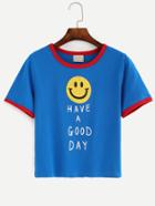 Romwe Blue Contrast Trim Smile Face Slogan Print T-shirt