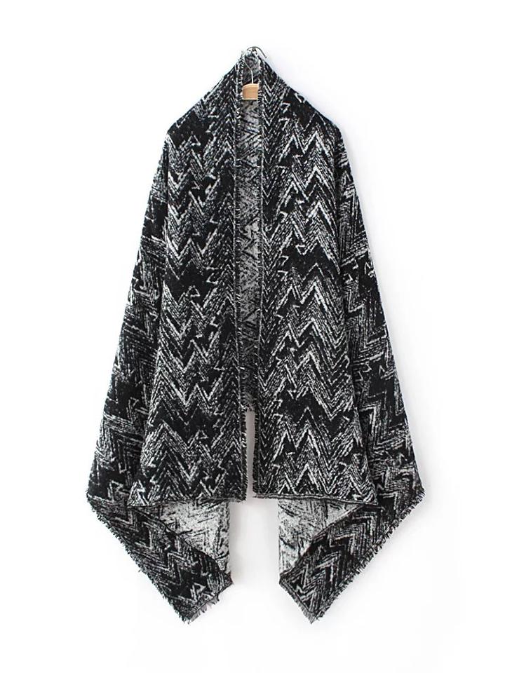 Romwe Black Wave Print Raw Edge Shawl Scarf