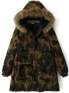 Romwe Army Green Hooded Camouflage Coat With Pocket