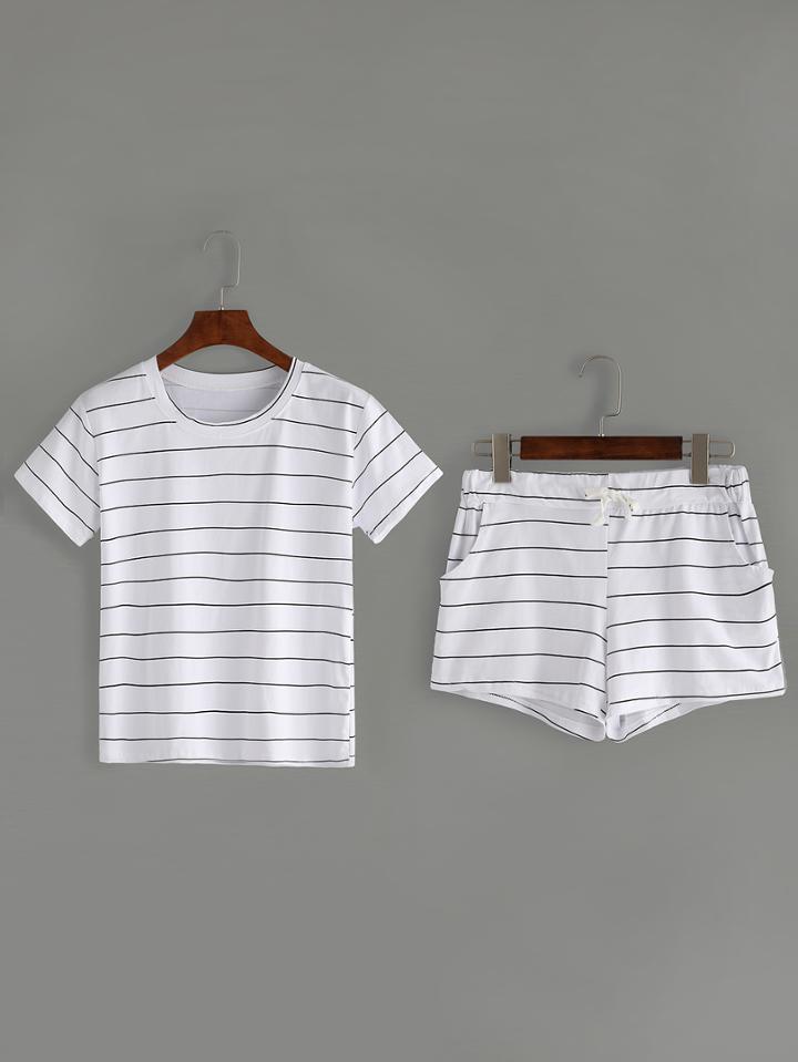 Romwe White Striped Top With Elastic Waist Pocket Shorts