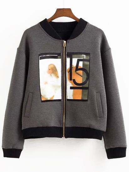 Romwe Contrast Print Zipper Bomber Jacket