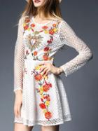 Romwe White Embroidered Hollow A-line Dress