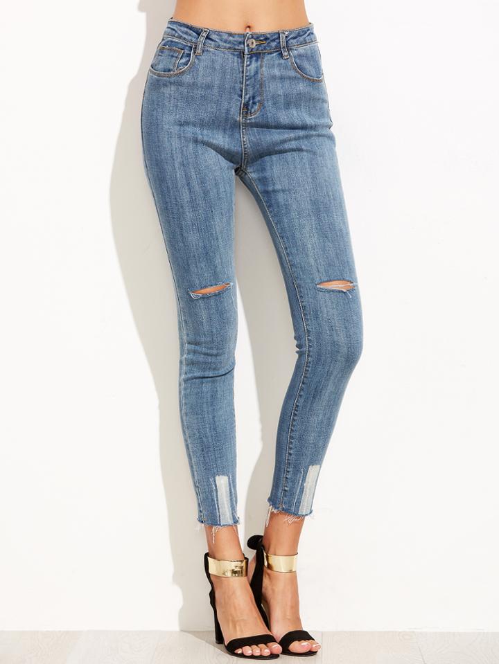 Romwe Light Blue Ripped Fray Hem Skinny Jeans
