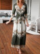 Romwe Deep V Neck Print Split Shirt Dress