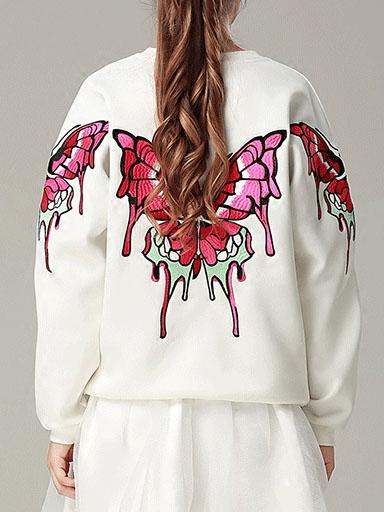 Romwe Bat Sleeve Butterfly Embroidered White Sweatshirt