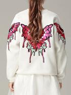 Romwe Bat Sleeve Butterfly Embroidered White Sweatshirt