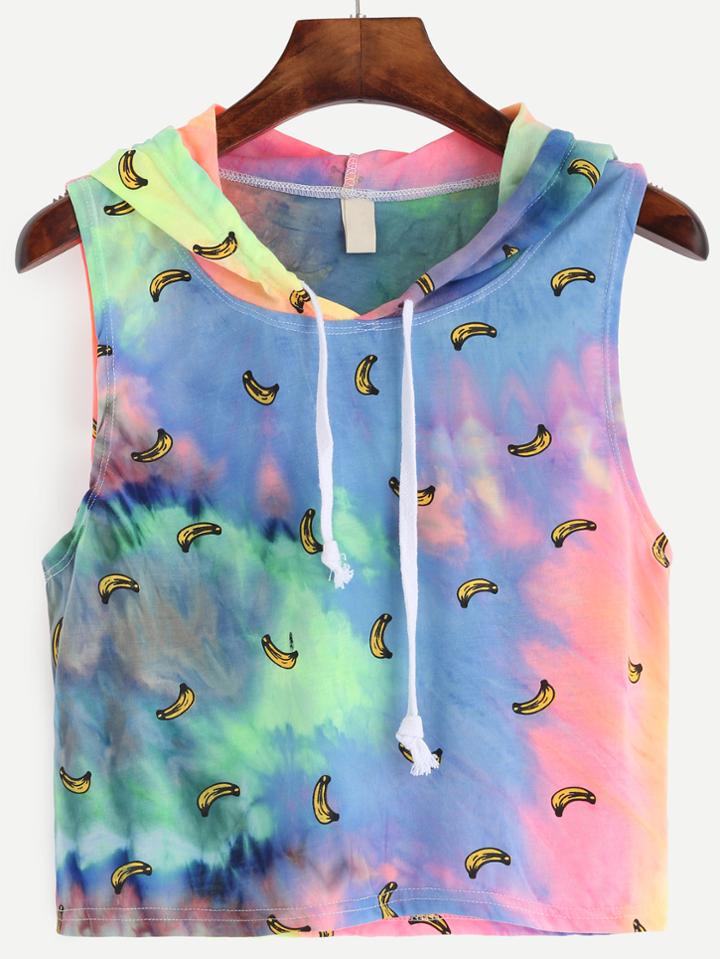 Romwe Hooded Banana Print Tie-dye Tank Top