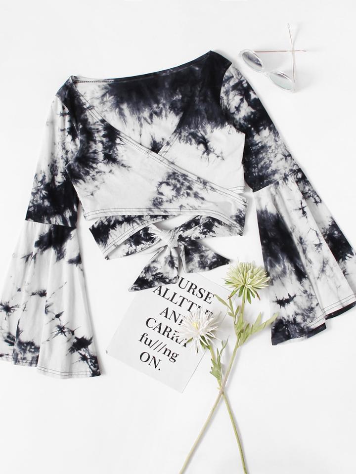 Romwe Fluted Sleeve Water Color Cross Bow Tie Tee