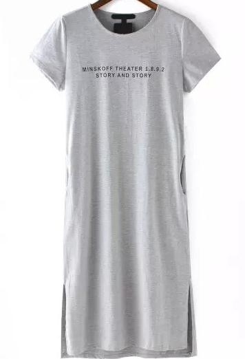 Romwe Short Sleeve Letter Print Side Split Grey Dress
