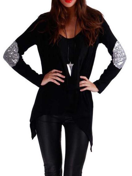 Romwe Open-front Sequined Patch Black Coat