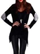 Romwe Open-front Sequined Patch Black Coat