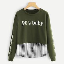 Romwe Letter Print Contrast Striped Hem Sweatshirt
