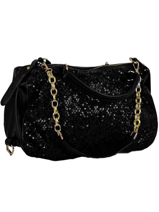 Romwe Black Zipper Sequined Chain Bag