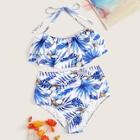 Romwe Random Tropical Tiered Layer Top With Ruched Bikini Set