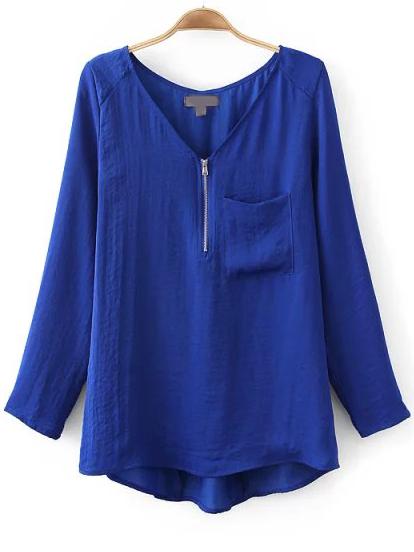 Romwe Blue V Neck Zipper Pocket Loose Blouse