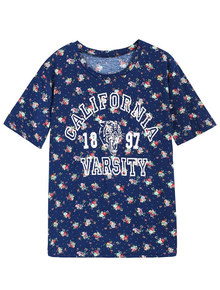 Romwe Floral Letters Print Royal Blue T-shirt