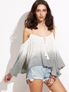 Romwe Ombre Lace Up Open Shoulder T-shirt With Hem Tassels