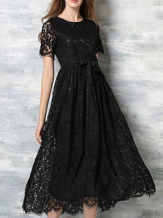 Romwe Black Round Neck Short Sleeve Tie-waist Lace Dress